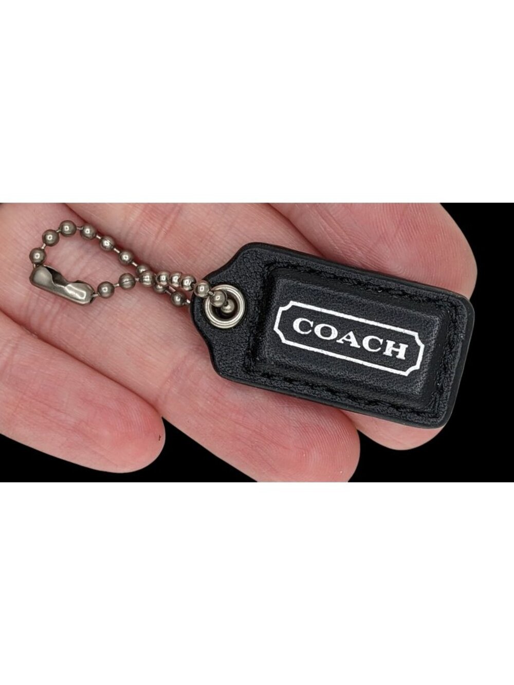 Coach Black Leather Bag Charm Keychain With Silver Lettering
